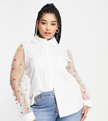 Never Fully Dressed Plus Embroidered Shirt In White Floral