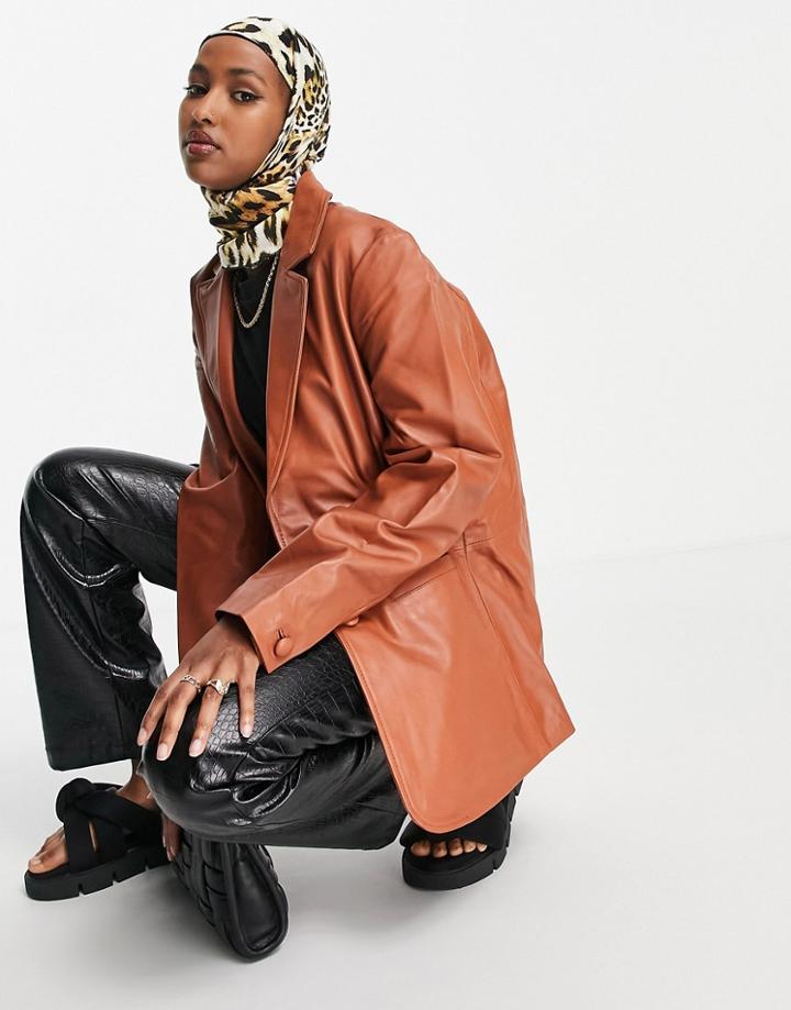 Muubaa Oversized Leather Blazer In Brown Tan