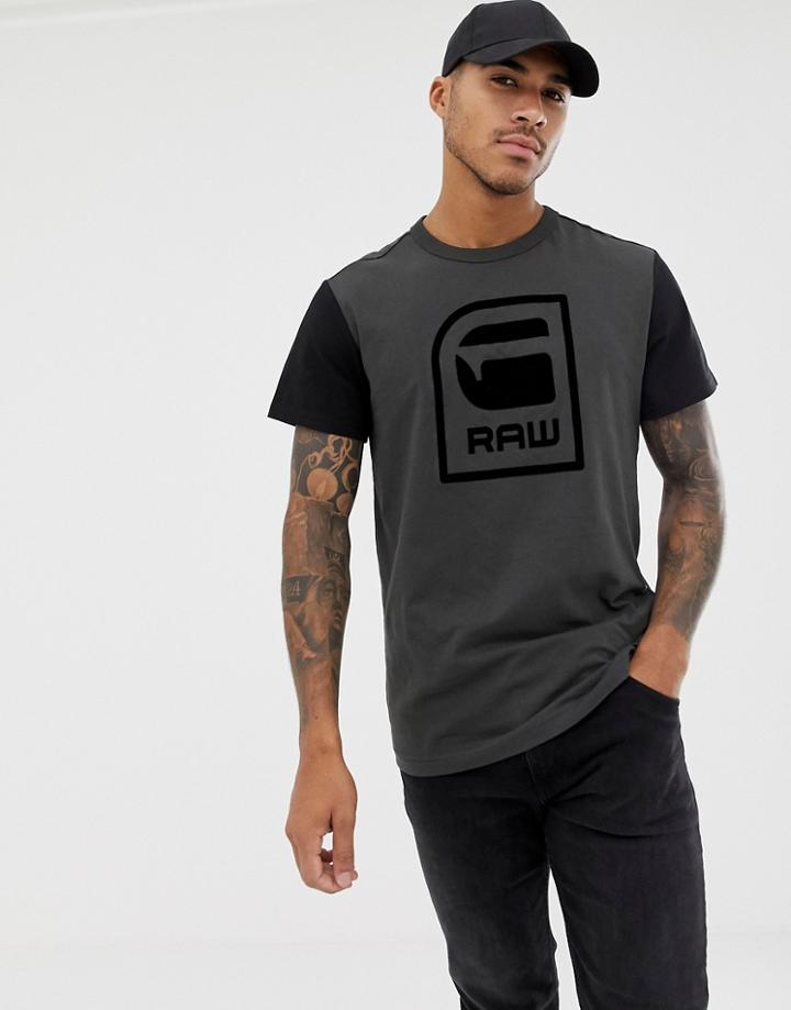 G-star Logo Print T-shirt In Dark Gray With Contrast Sleeve - Gray