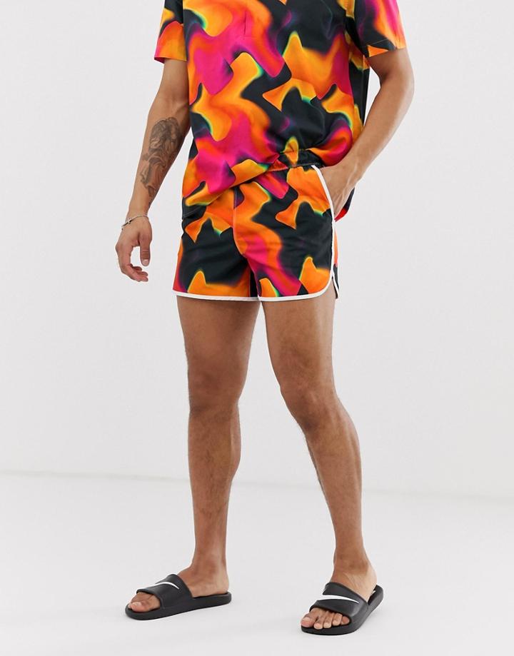 Asos Design Two-piece Runner Swim Shorts In Warped Ombre Print - Orange