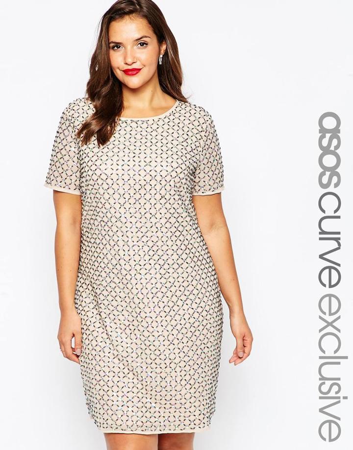 Asos Curve Red Carpet Shift Dress With Diamond Embellishment - Nude