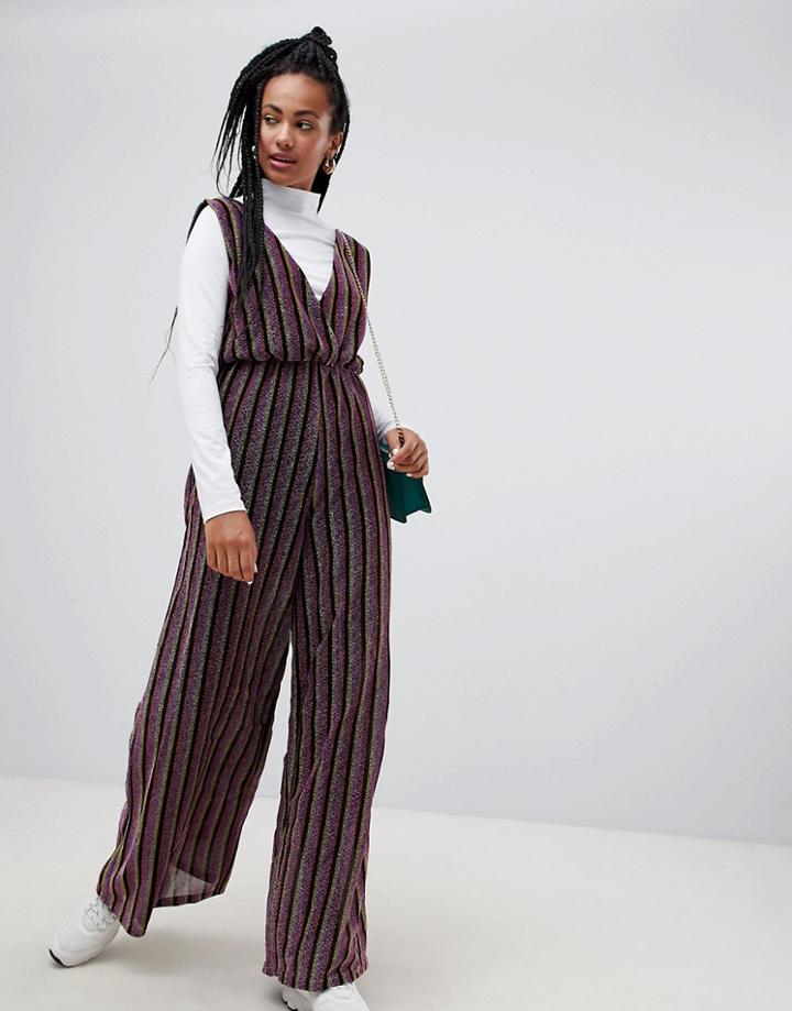 Glamorous Plunge Front Jumpsuit In Glitter Rainbow-pink