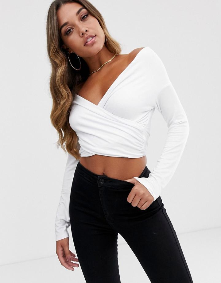 Asos Design Cross Over Bardot Top With Long Sleeve - White