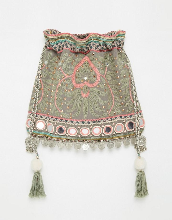 Star Mela Embroidered Crossbody Bag With Metal Disc Tassel Trim - Pale Gray