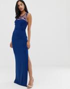 City Goddess Strappy Detail Maxi Dress With Thigh Split - Blue
