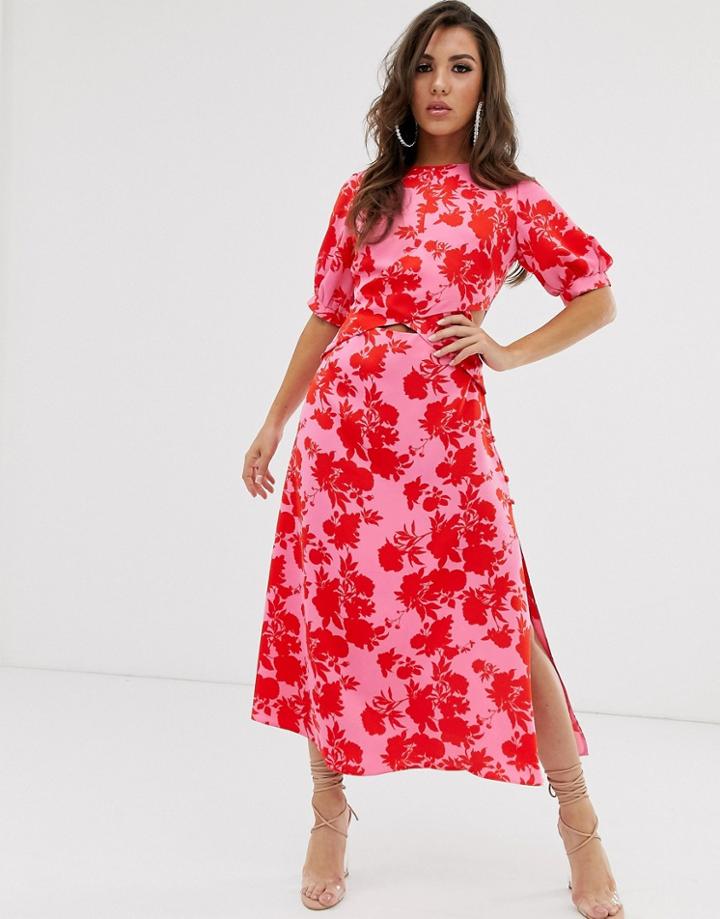 Asos Design Puff Sleeve Wrap Front Midi Dress With Cutout In Floral Print - Multi