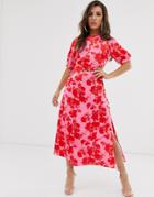 Asos Design Puff Sleeve Wrap Front Midi Dress With Cutout In Floral Print - Multi