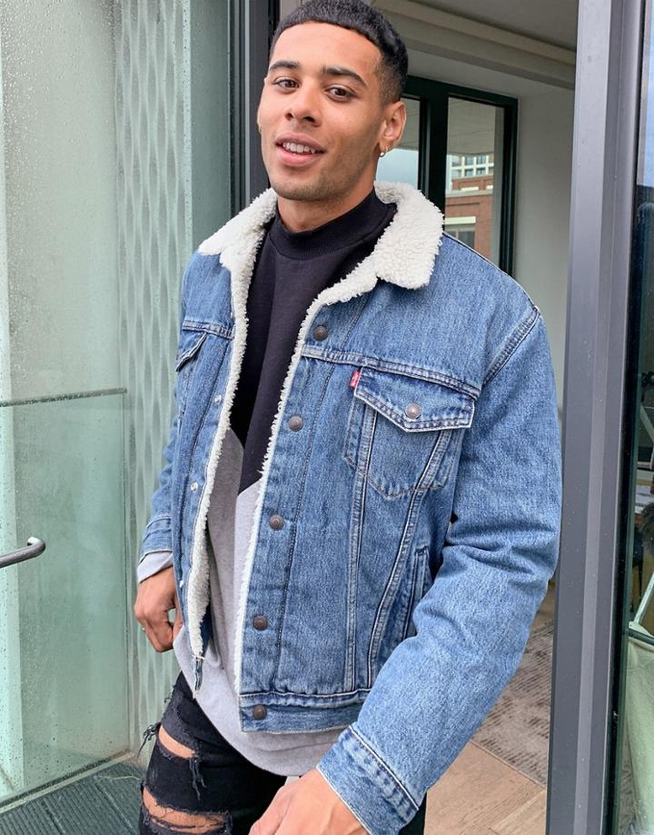 Levi's Type 3 Sherpa Lined Denim Jacket In Fable Mid Wash-blues