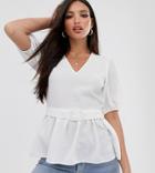 Asos Design Tall Short Sleeve V Neck Tea Blouse With Buckle Detail-white
