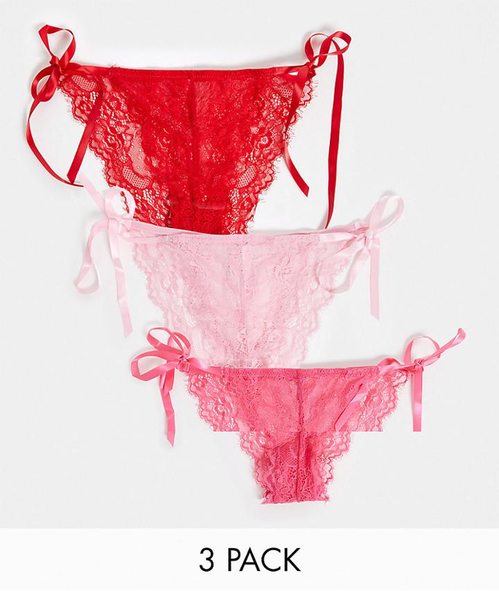 Asos Design 3 Pack Lace Tie Side Brazillian In Hot Pink Red & Pink-multi