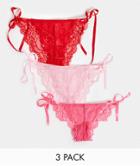 Asos Design 3 Pack Lace Tie Side Brazillian In Hot Pink Red & Pink-multi
