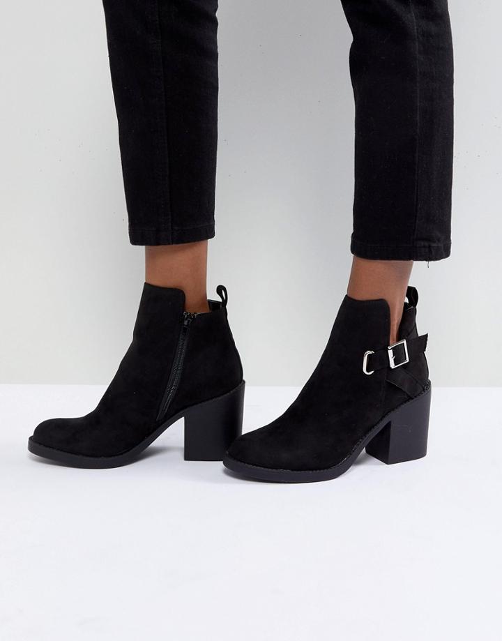 London Rebel Block Heeled Buckle Ankle Boot With Side Zip - Black