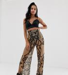 Rokoko Mesh Wide Leg Pants With Side Splits In Tribal Print-beige