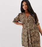 Asos Design Curve Button Through Rib Tea Dress With Puff Sleeve In Animal Print - Multi