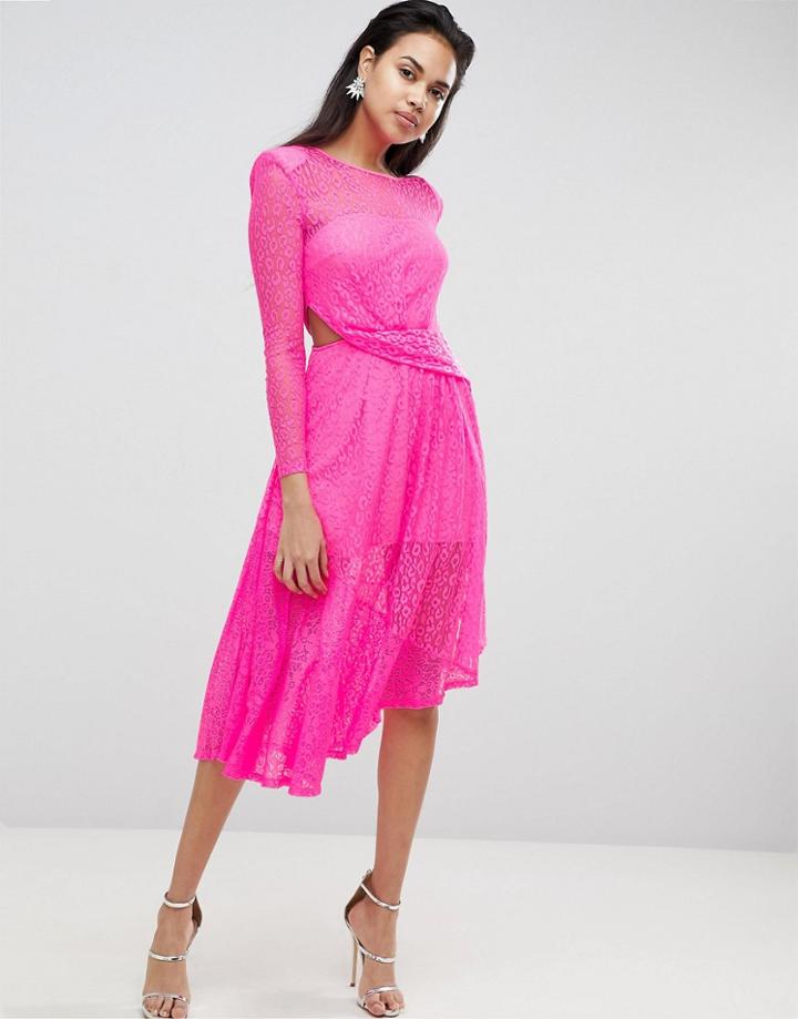 Asos Neon Lace Asymmetric Hem Midi Dress - Pink