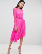 Asos Neon Lace Asymmetric Hem Midi Dress - Pink