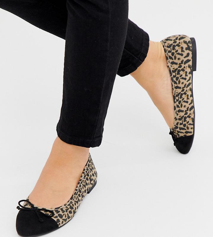Asos Design Wide Fit Larva Toe Cap Ballet Flats In Leopard Print - Multi