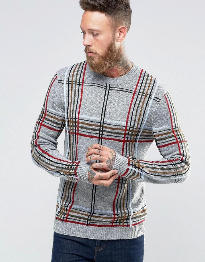 Asos Plaid Knit Sweater In Wool Mix - Gray