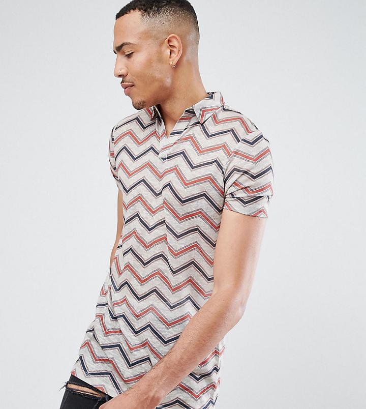 Asos Tall Longline Polo With Chevron Stripe & Revere Collar In Linen Look - Brown