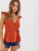 Asos Design Wrap Front Cami Top With Ruffle Strap In Linen - Orange