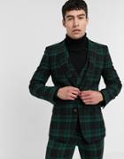 Asos Design Super Skinny Wool Mix Suit Jacket In Green Plaid