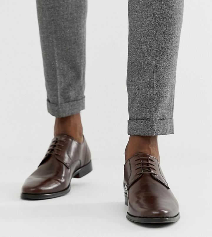 Asos Design Wide Fit Derby Shoes In Brown Leather - Brown