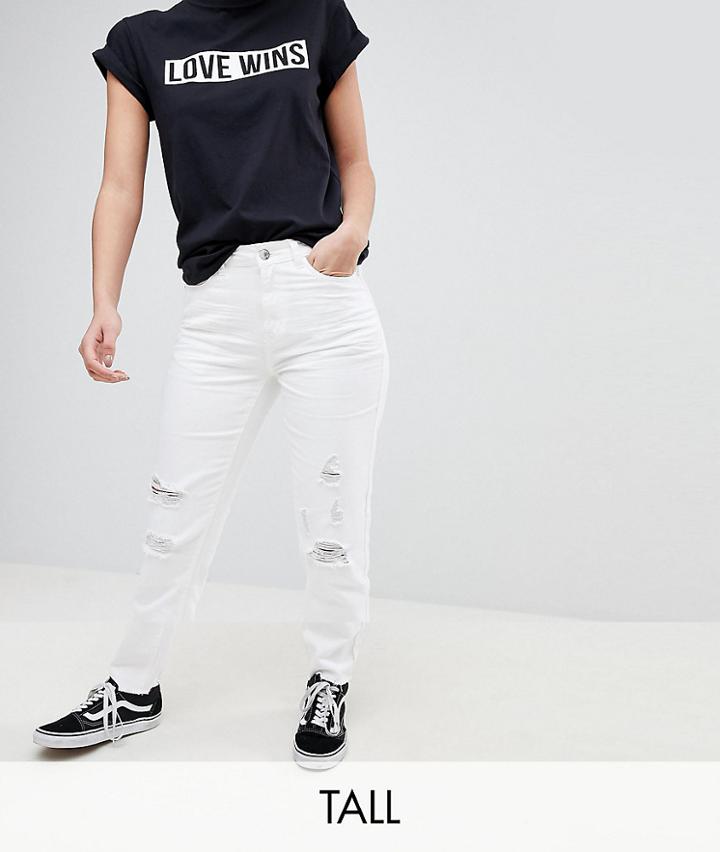 Noisy May Tall Destroyed Knee Mom Fit Jeans - White