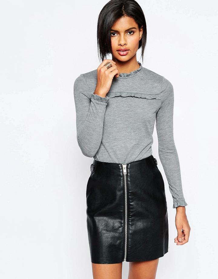 Vero Moda Long Sleeve Top With Ruffle Neck - Gray