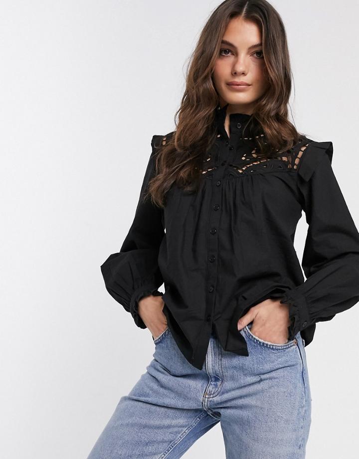 Asos Design Long Sleeve Cotton Shirt With Cut Out Detail-black