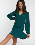 Asos Design V-neck Smock Mini Dress In Forest Green