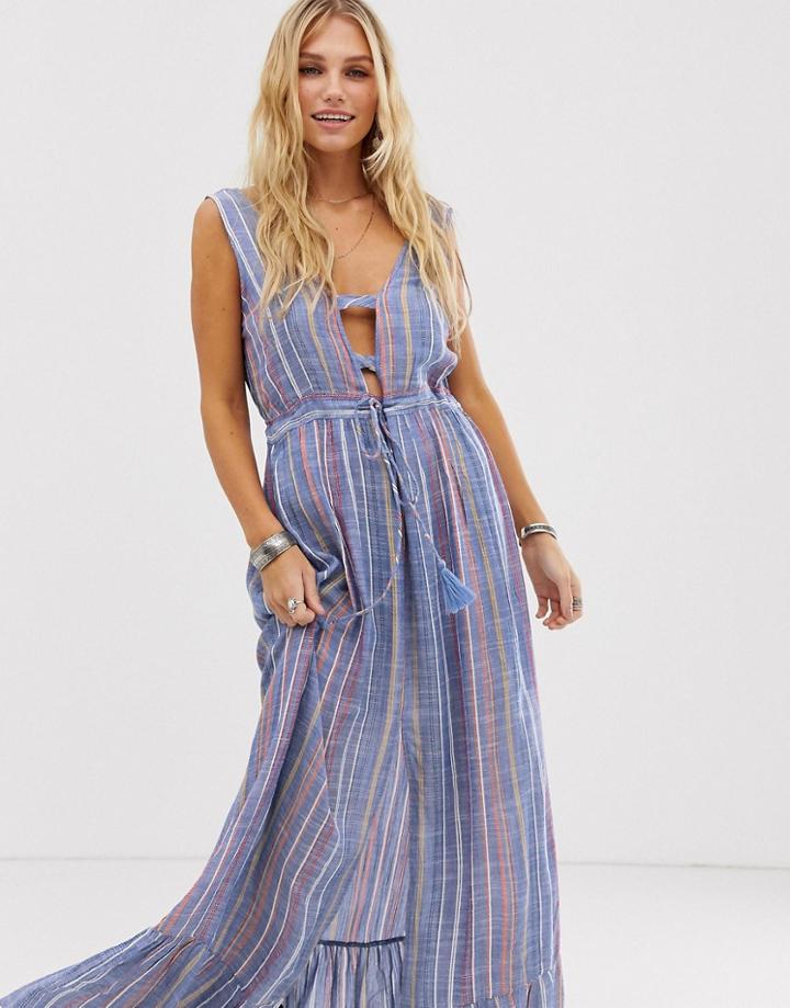 En Creme Maxi Dress With Cut Out Plunge Neck Line In Watercolor Stripe - Purple