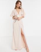 Asos Design Bridesmaid Flutter Sleeve Maxi Dress With Satin Trim Detail And Wrap Skirt-pink