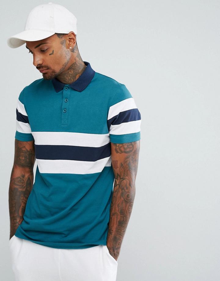 Asos Polo Shirt With Retro Panel Cut And Sew In Green - Green