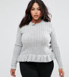 Club L Plus Peplum Hem Rib Knit Sweater - Gray