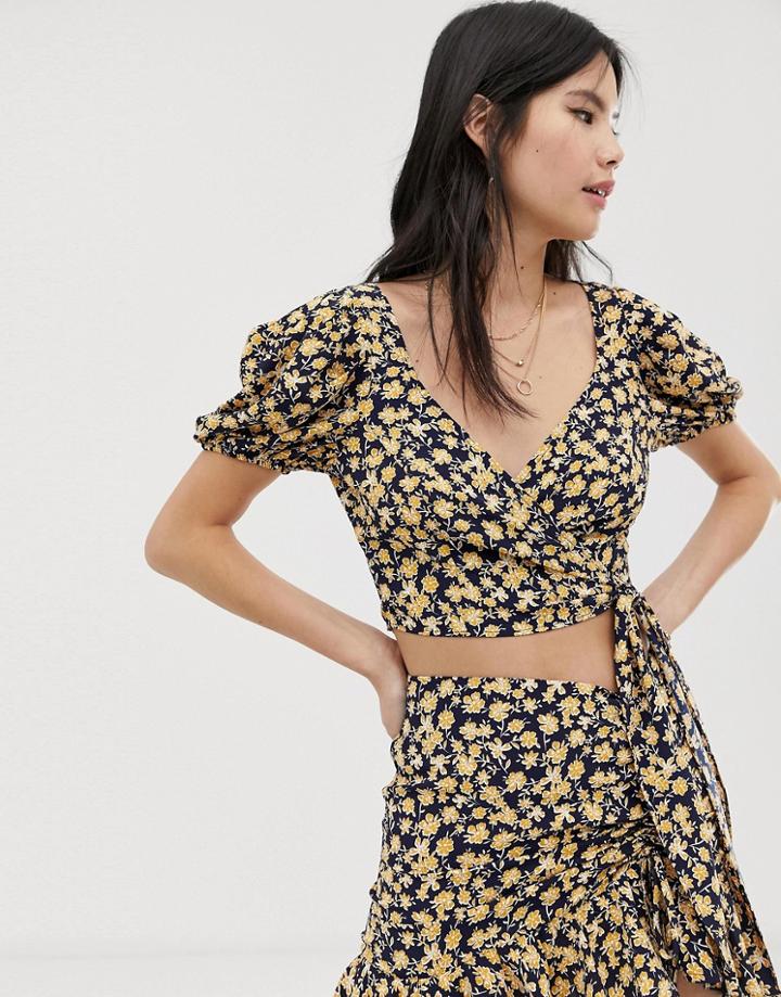 Kiss The Sky Wrap Crop Top In Ditsy Floral Two-piece-black