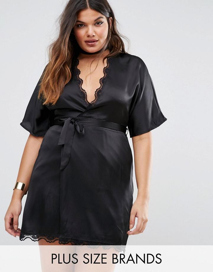 Missguided Plus Silky Lace Kimono Wrap Dress - Black