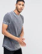 Asos Longline T-shirt With Mini Curved Hem And Burnout Wash In Gray - Gray