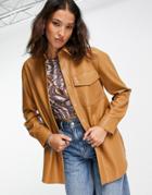 Topshop Faux Leather Oversized Shirt Jacket In Camel-brown