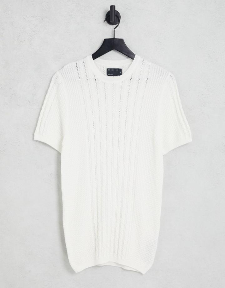 Asos Design Cable Knit Muscle Fit T-shirt In Off White