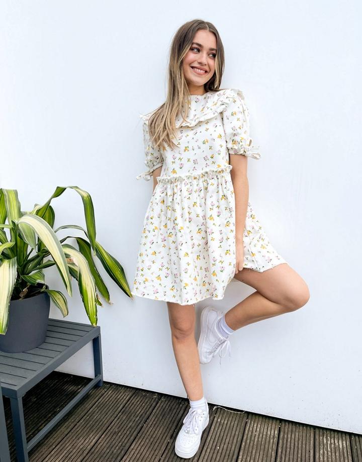 Asos Design Denim Frill Collar Smock Dress In Ditsy Floral Print-multi