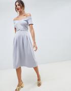 Asos Design Sweetheart Neck Bardot Midi Dress With Belt - Gray