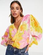 Asos Design Twist Plunge Top In Bright Floral Print-multi