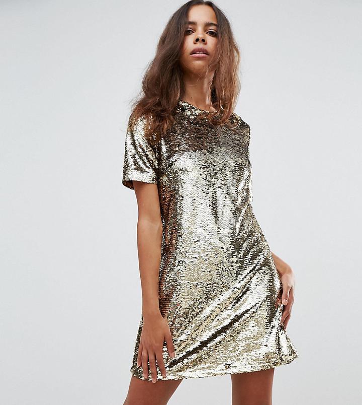 Fashion Union Petite Shift Dress In Sequin - Gold