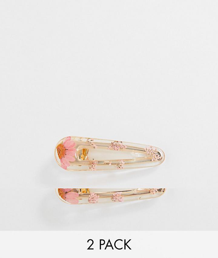 Asos Design 2-pack Hair Clips With Pink Trapped Flowers