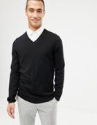 Asos Design Merino Wool V-neck Sweater In Black - Black