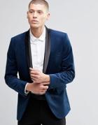 Farah Skinny Velvet Blazer With Shawl Lapel - Navy