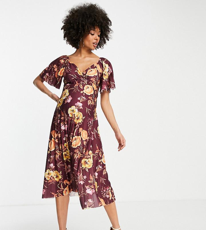 Asos Design Maternity Pleated Twist Back Cap Sleeve Midi Dress Purple Floral Print-multi