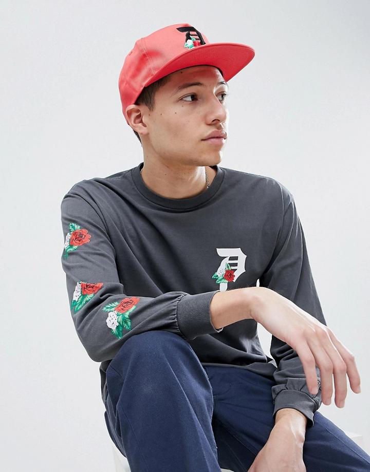 Primitive Overdye Long Sleeve T-shirt With Rose Print In Vintage Black - Black