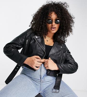 Barney's Originals Plus Real Leather Cropped Biker Jacket-black