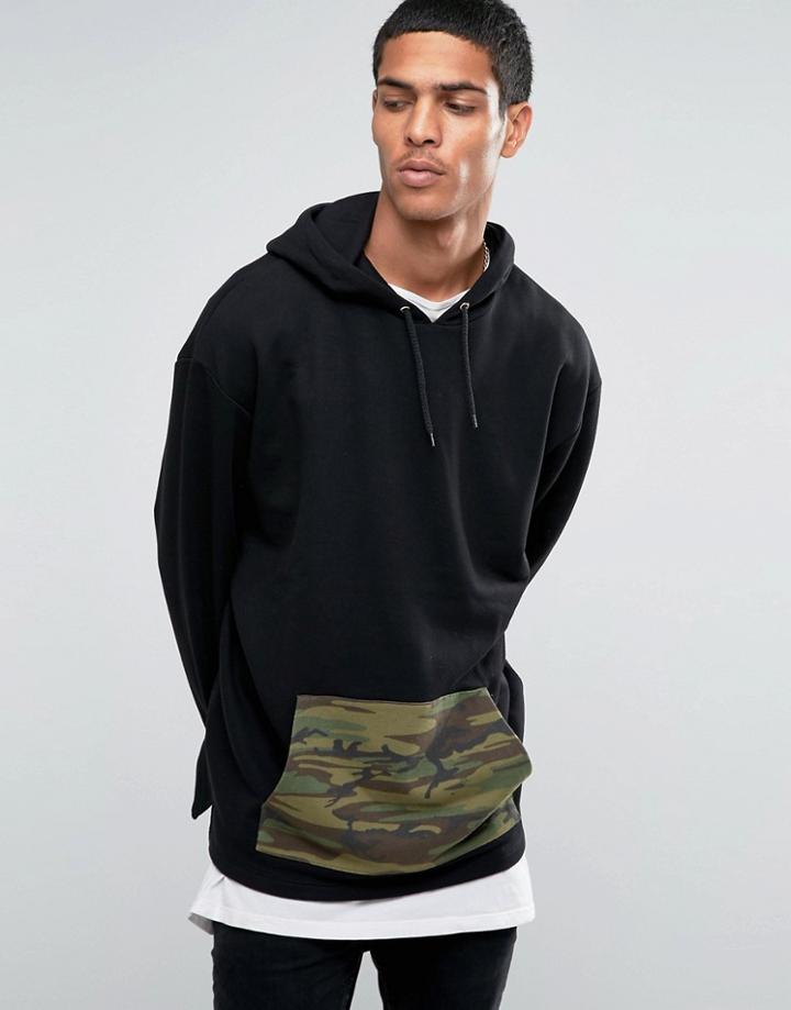 Asos Longline Hoodie With Camo Pocket - Black